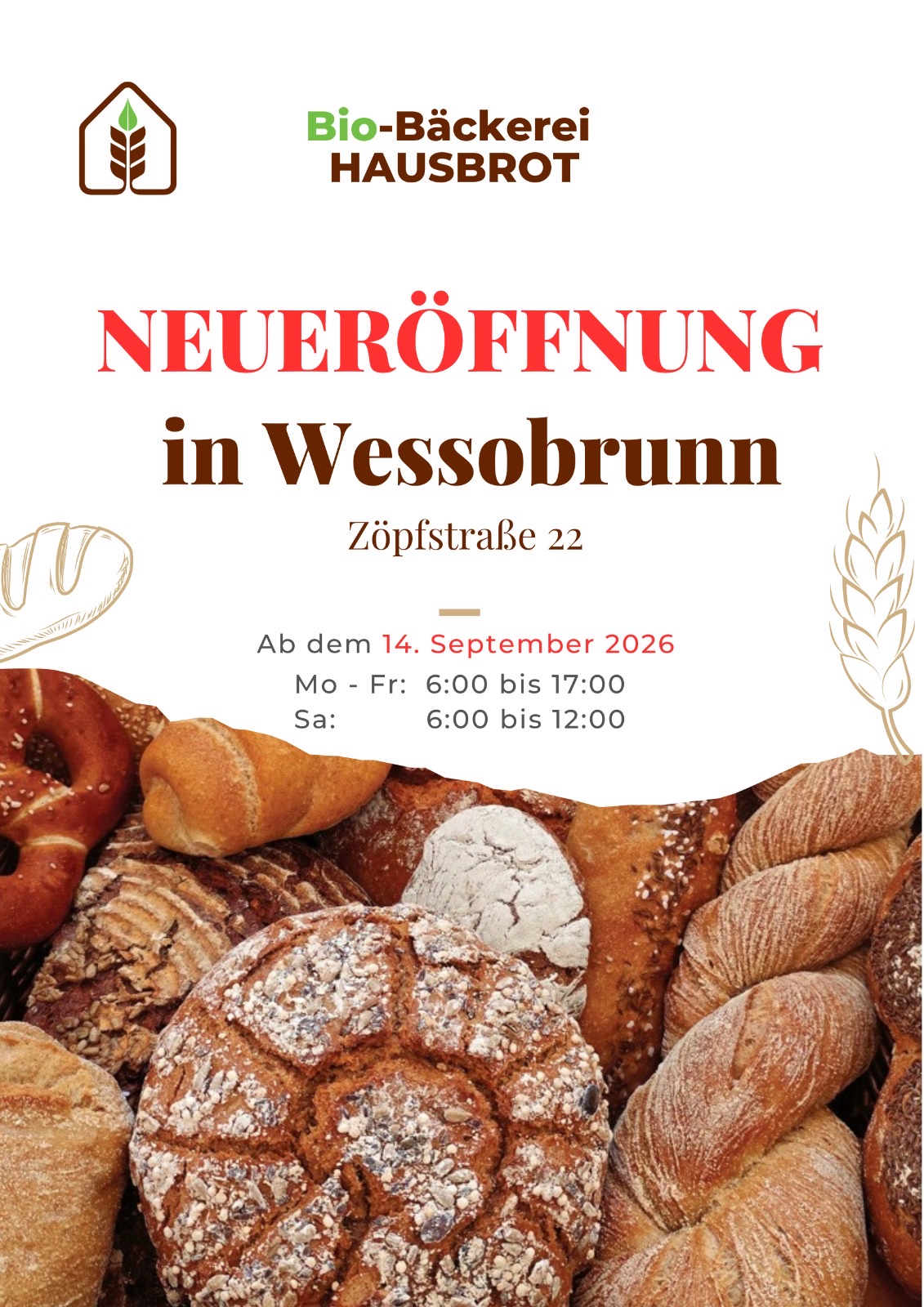 Ankündigung: Neueröffnung der Bio-Bäckerei Hausbrot in Wessobrunn, Zöpfstraße 22, ab dem 14. September 2026